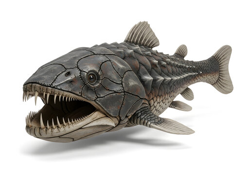 Detailed 3D Render of Prehistoric Xiphactinus Fish Skeleton with Open Jaws on White Background