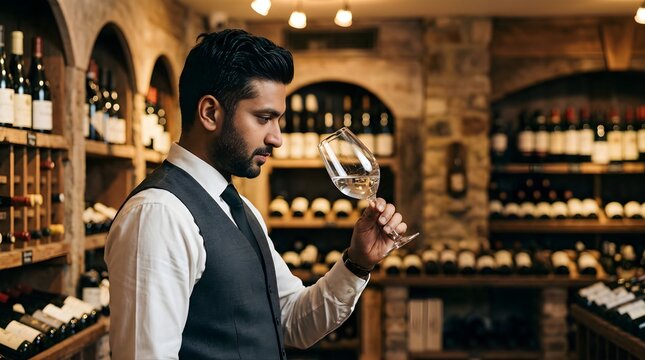 Professional sommelier inspecting a glass of white wine in a rustic cellar