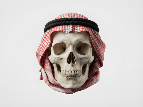 Human skull with red and white checkered shemagh headscarf wrapped around head