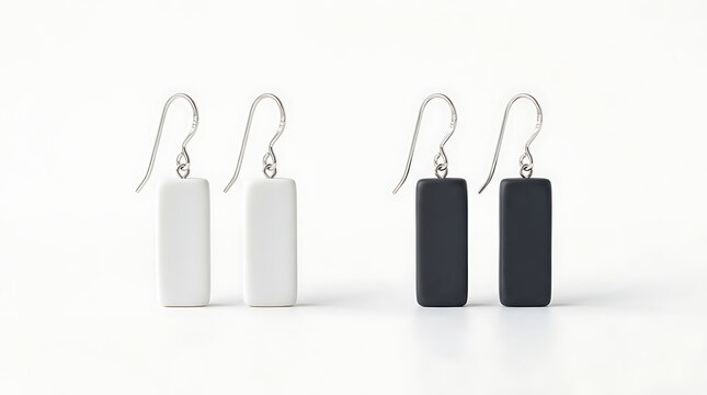Minimalist Black and White Rectangular Dangle Earrings with Silver Hooks Isolated on White Background, Modern Geometric Ceramic Jewelry Fashion Accessories for Elegant E-commerce Product Catalog