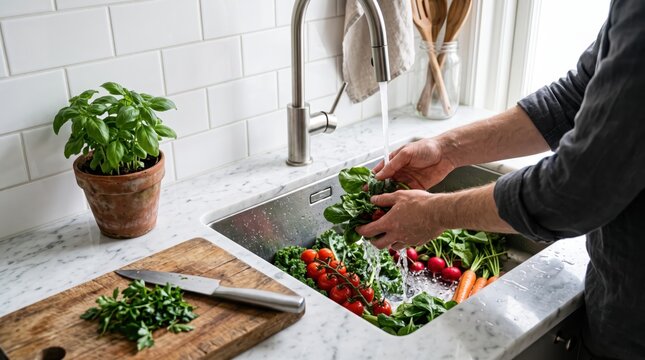 Man washing fresh organic vegetables like spinach, tomatoes, and carrots in a modern kitchen sink with marble countertop, preparing healthy vegan food ingredients for cooking