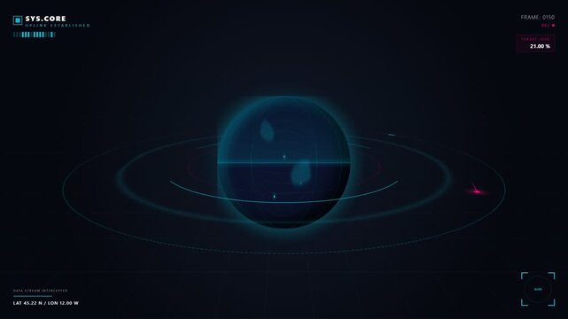 Futuristic heads up display interface presenting a holographic sphere surrounded by planetary rings inside a dark cybernetic command deck environment for science fiction video game user