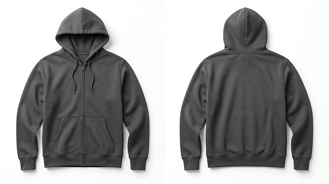 Premium charcoal dark grey zip-up hoodie mockup set, front and back views of blank hooded sweatshirt with zipper isolated on white background for apparel branding and streetwear design.