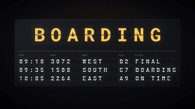 Airport split flap board flipping between arriving boarding and departed flight status rows