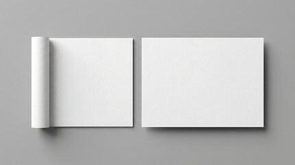 Fototapeta premium Minimalist blank white paper mockup with rolled edge on gray background for portfolio display and branding presentation, 3D render of horizontal stationery sheets for design showcase