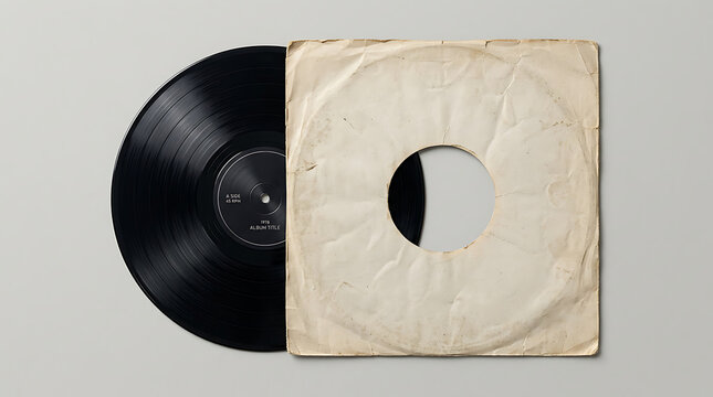 Vintage Black Vinyl Record with Aged Grungy Paper Sleeve Mockup Isolated on Grey Background, Retro 45 RPM Gramophone Disc for Music Album Cover Design and Nostalgic Branding