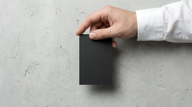 Businessman Hand Holding Blank Black Vertical Business Card Mockup on Grey Concrete Stone Texture Wall Background Professional Corporate Identity Branding Design Template for Portfolio Presentation