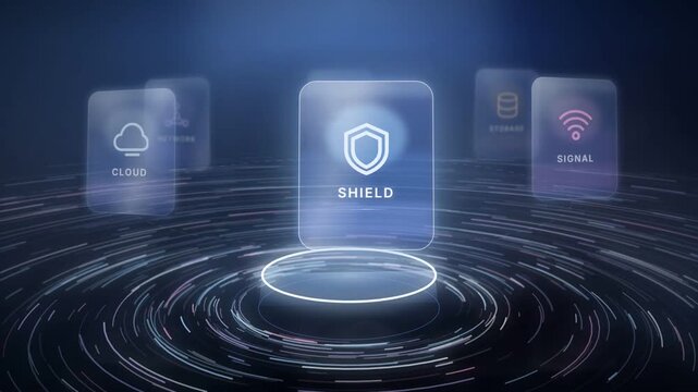 Glass technology icon cards rotating above a glowing platform with cloud storage and network symbols