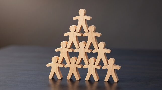 Wooden human figures stacked in pyramid concept for teamwork, leadership, and corporate hierarchy structure