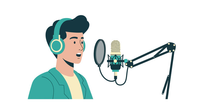 Flat Illustration of a Young Man Recording a Podcast or Voiceover with Professional Microphone and Headphones