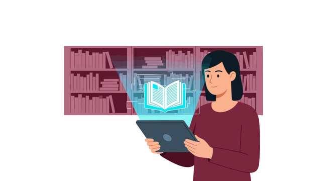 Young Woman Using Tablet to Read Digital Book Hologram in Library - Online Education and E-learning Concept Illustration