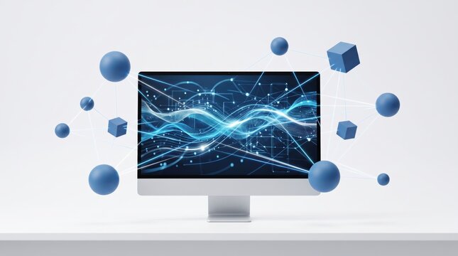 Abstract digital network connection on computer screen, futuristic technology data flow visualization, blue glowing nodes and lines representing global internet connectivity