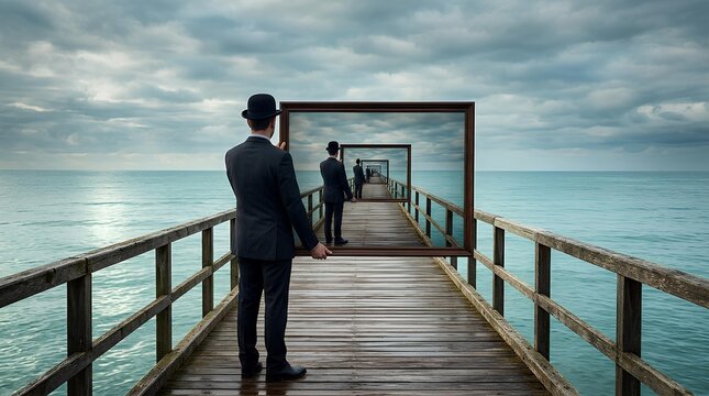 Surreal man on pier holding infinite regression frame.