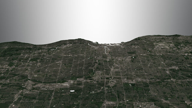 Oblique aerial 3D illustration of Milwaukee, United States of America