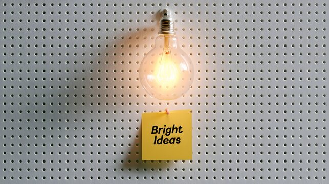 Bright Ideas note beneath glowing light bulb on pegboard wall.