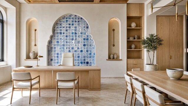  Moroccan Meeting Room with Blue Zellige Tiles and Plant Shelf.