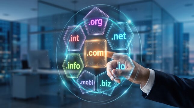 Businessman hand selecting domain name extensions like com net org on futuristic holographic interface screen, representing internet technology, web hosting, digital identity