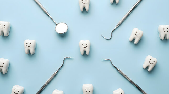 Dental care background with smiling teeth models and dentist tools