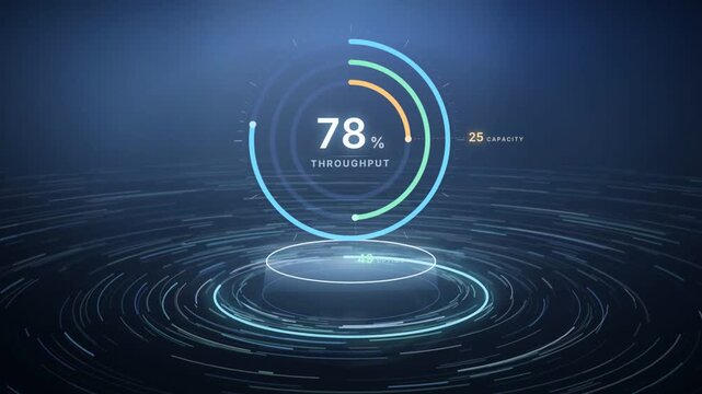 Circular percentage gauge counting up to eighty seven percent above a glowing hologram platform