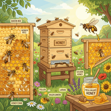 Beekeeping Illustration Honeycomb Bees Hive Pollen Honey Jar