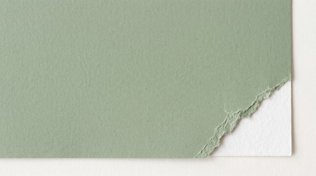 Top view of textured sage green paper sheet with torn corner revealing white underneath, rough edge detail, fibrous texture, organic shape, ripped material, craft supply