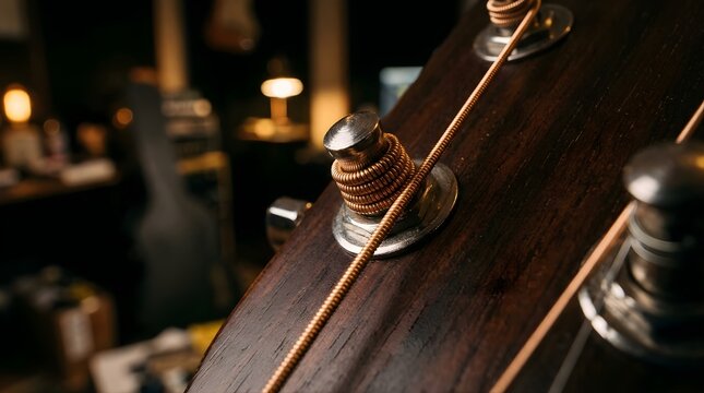 Close-up of acoustic guitar tuning peg and metal string in music studio
