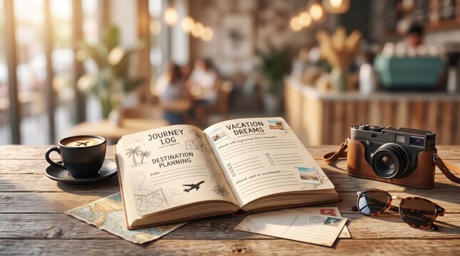 Open travel journal with destination planning sketches and vacation dreams list on vintage wooden table in sunny cafe, accompanied by retro camera, sunglasses