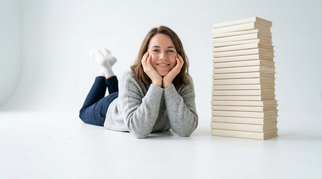 Young woman relaxing on the floor with a tall stack of books perfect for demonstrating academic learning educational goals and relaxed study concepts