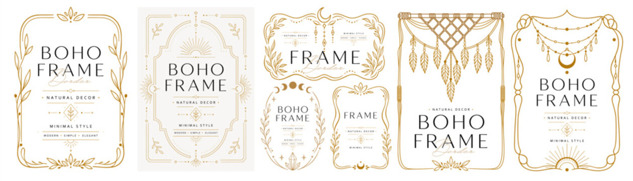 Boho frames and botanical border. Vector elegant line illustrations of celestial symbol, macrame details and line ornament for invitation, vintage packaging, Art Deco label on a transparent background
