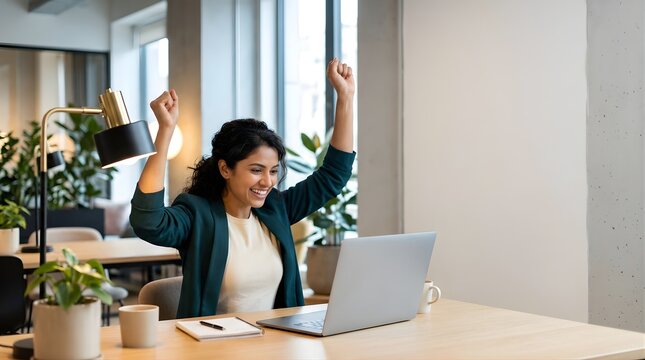 Excited woman celebrating success at desk with laptop in modern office