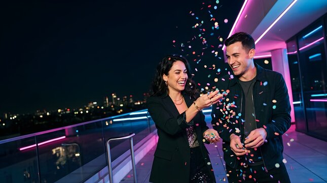 Happy couple celebrating with colorful confetti on a neon rooftop at night