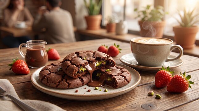 food photograph of Dubai-style chewy chocolate cookies with strawberries and chocolate sauce served beside a steaming cup of coffee, cookies showing gooey chocolate centers and pistachios crumbs 