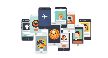 Fototapeta premium Vector illustration of multiple smartphones displaying social media content including food, travel, profiles, and lifestyle posts, isolated on a white background