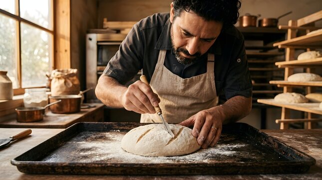 Professional baker scoring raw sourdough bread dough on a baking tray