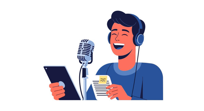 Happy Male Podcaster Hosting a Radio Show with Microphone, Headphones, and Tablet - Flat Vector Illustration
