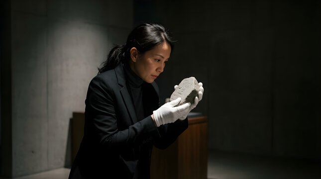 Professional woman examining an ancient stone artifact in a dark museum