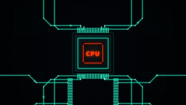 A glowing central microchip unit surrounded by neon pathways representing advanced computing power and secure data processing systems operating continuously within a complex digital network