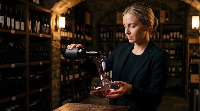 Professional woman pouring red wine from bottle into glass decanter in cellar