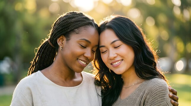 Two diverse young women embracing with closed eyes outdoors at sunset