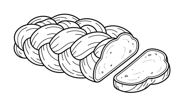 Braided challah bread with slices line art vector