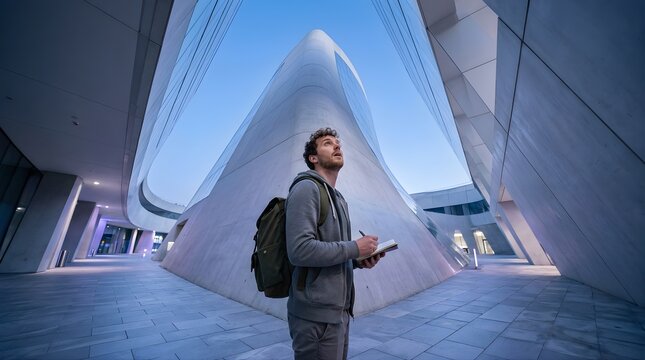 Young male student holding a notebook standing by modern curved building