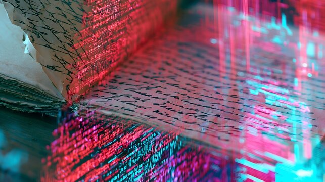 Double exposure of handwritten old letter and digital data, vibrant neon pink cyber abstract art