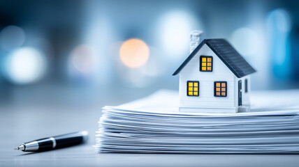 Obraz premium A house model resting on property documents represents mortgage paperwork real estate transactions and home financing. 