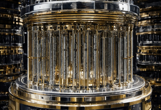 Close up macro view of large quantum computer hardware system inside glass vacuum chamber in physics lab