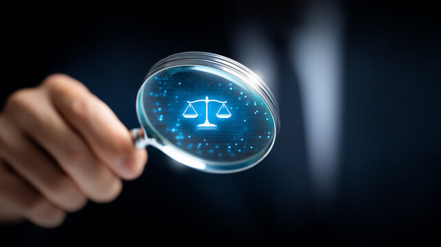 A magnifying glass focused on justice scales represents legal technology compliance review and digital governance assessment.
