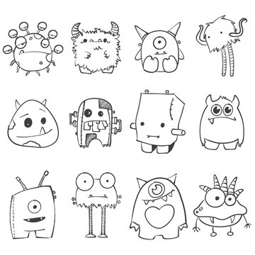 Cute Funny Monsters Doodle Vector Illustration Set Isolated on White Background