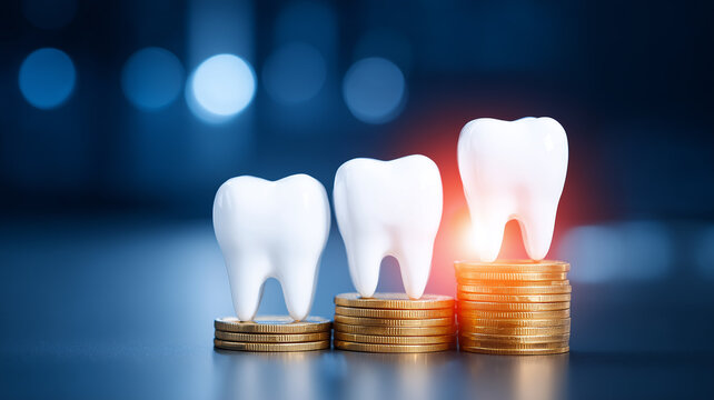 Three teeth standing on stacked coins represent dental treatment costs insurance planning and the growing financial value of oral healthcare.
