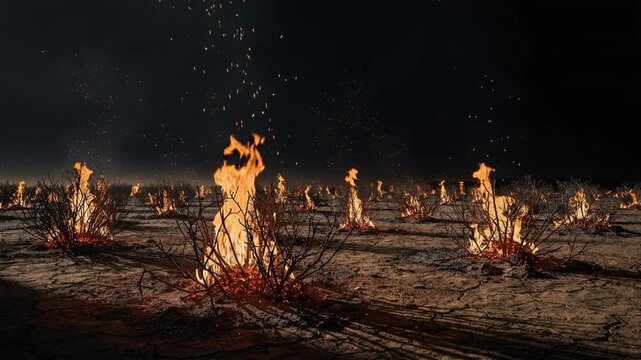 Multiple small brush fires burning fiercely on dry cracked desert earth under dark night sky with glowing flying sparks
