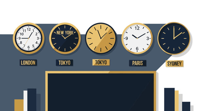 Global World Clocks and Time Zones Illustration for International Business, Finance, and Global Logistics
