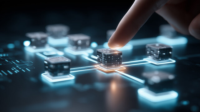 A fingertip touching a connected digital node represents network control decentralized technology and modern data infrastructure.
